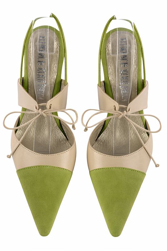 Pistachio green and champagne beige women's open back shoes, with an instep strap. Pointed toe. High slim heel. Top view - Florence KOOIJMAN